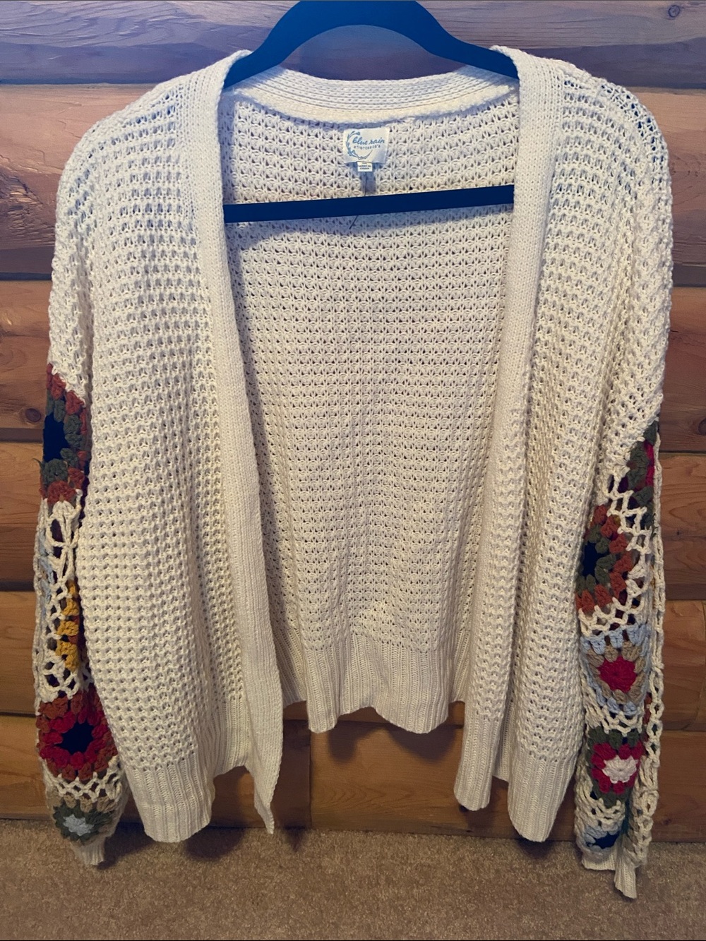 Blue Rain Cream Open-Front Knit Cardigan with Multicolor Crochet Sleeves